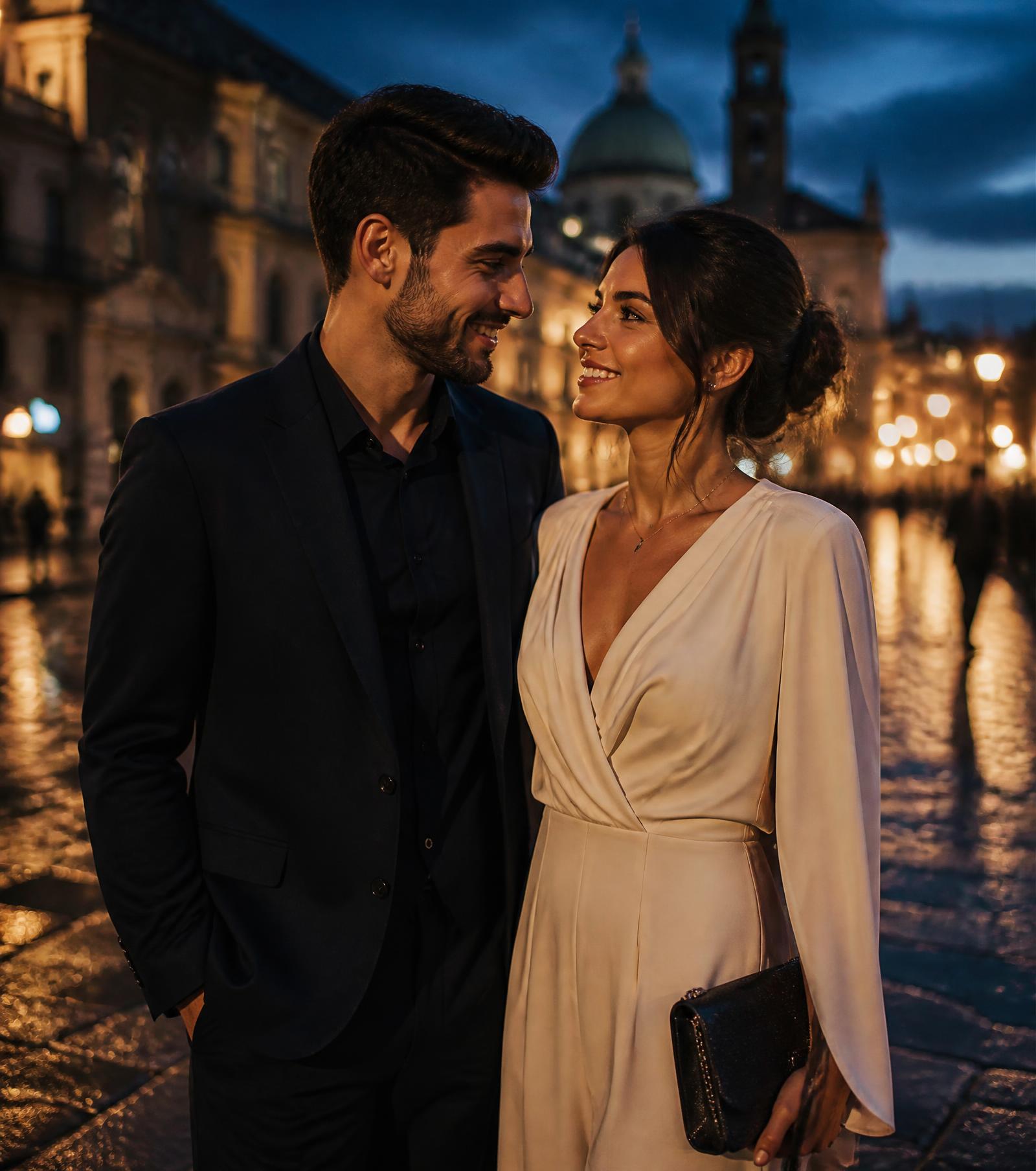 Elegantes Paar bei Abendlicht auf einem alten Stadtplatz